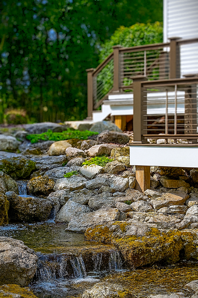 Pond-less waterfall and natural stone water feature beneath custom deck in Clarence New York
